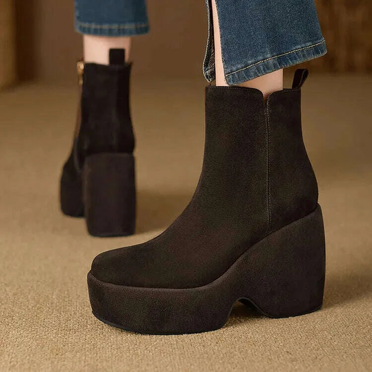 KIMLUD, Brand Women Wedges Boots Suede Platform Women Ankle Boots High Quality Walking Comfy Woman Shoes New Sexy High Heels Bootie, KIMLUD Womens Clothes