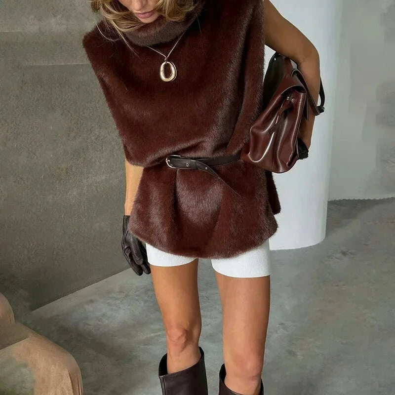 KIMLUD, Women Patchwork Faux Fur Coat Elegant Contrast Full Sleeve Lapel Loose Long Staple Plush Jacket Winter High Street Outerwears, KIMLUD Womens Clothes