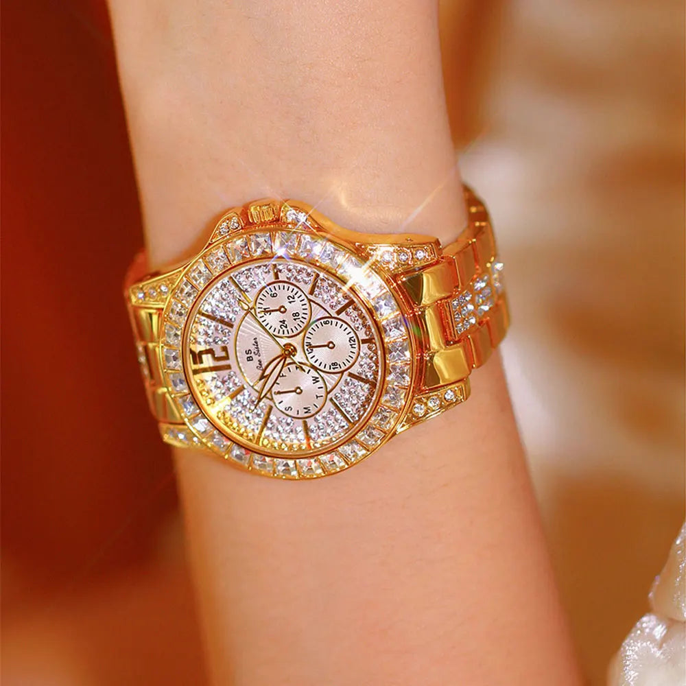 Lux Elegant Diamond Dial Two-Tone Watch — Silver | KIMLUD
