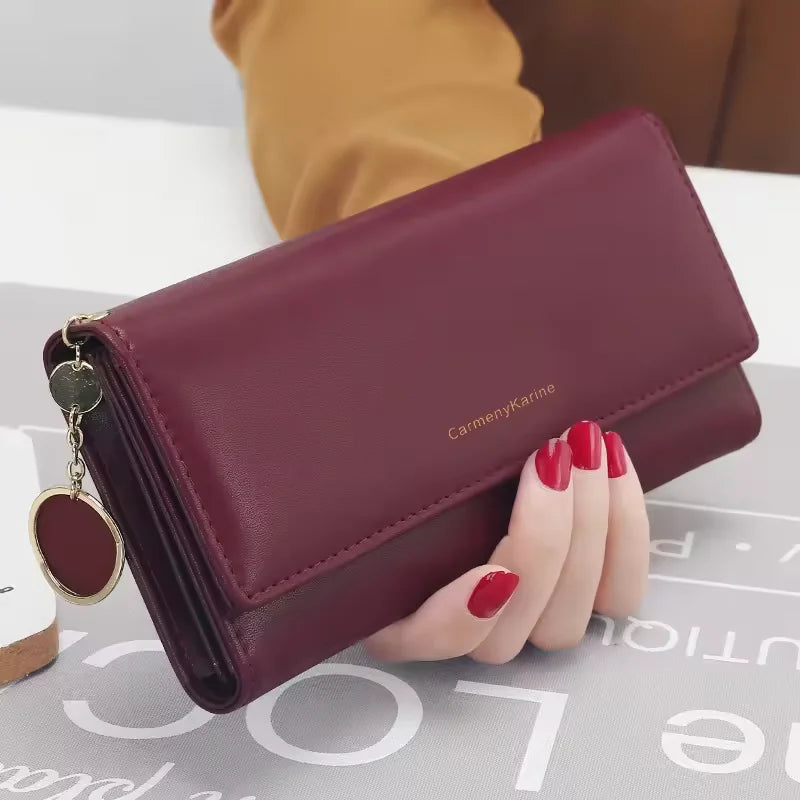 Korean Fashion Triple Folding Multi-functional Large Capacity Women's Long Wallets Clutch Solid Color Texture Simple and Elegant