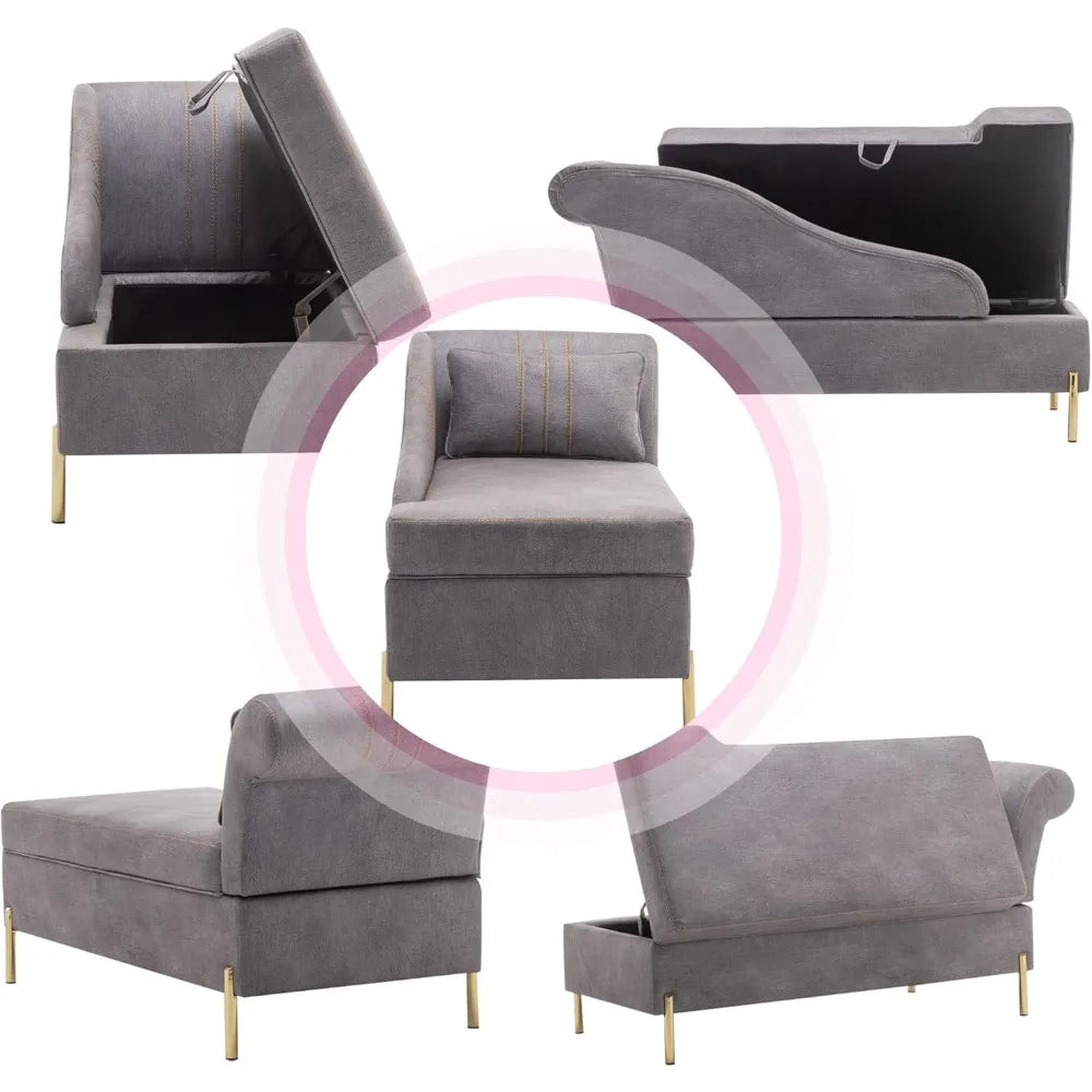 Chaise Lounge with Storage, Modern Upholstered Tufted Chaise Lounge Chair Indoor Faux Suede Sofa Recliner Couch for Be