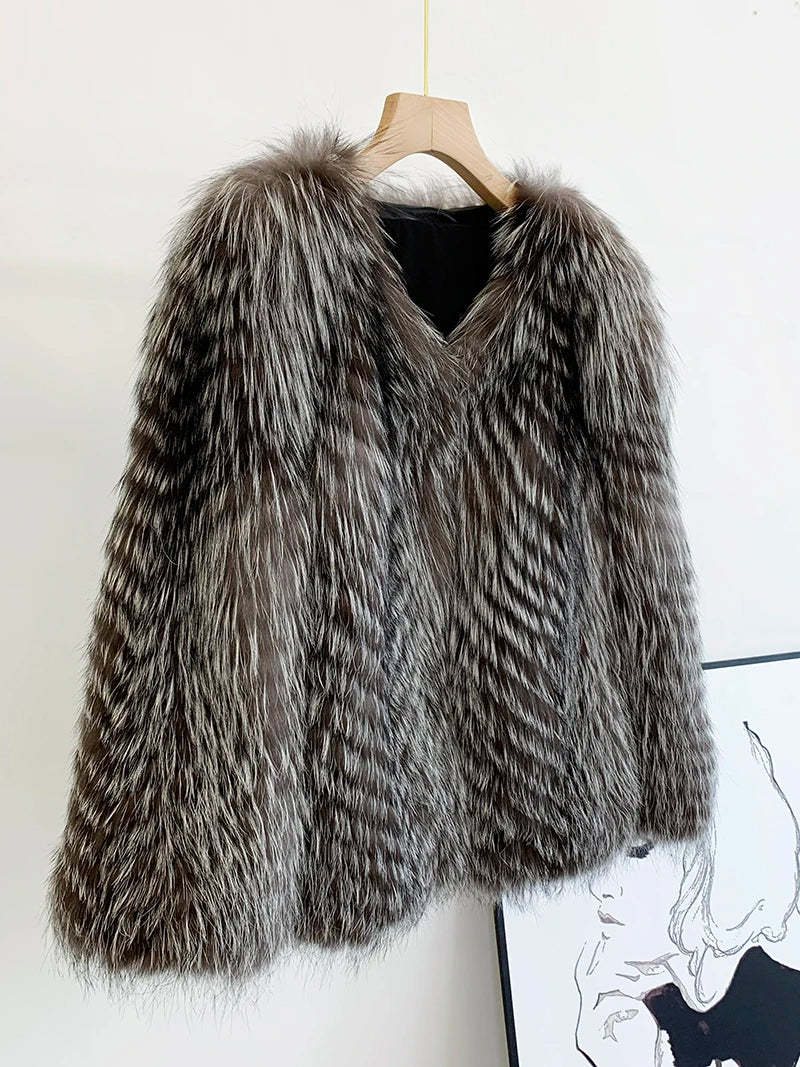 2025 New Imported Silver Fox Young Style Fox Fur Korean Style Fur Coat Women's Short Style Small Clip leather craft