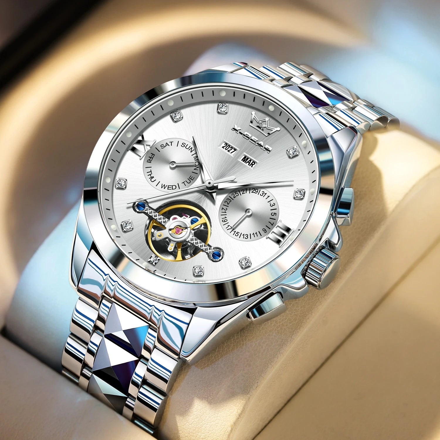 Men's Automatic Mechanical Watch with Tourbillon Waterproof Luminous Stainless Steel Strap Luxury Multi-Functional Timepiece
