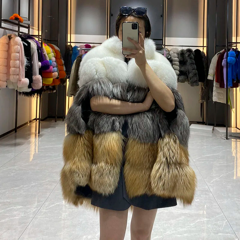 KIMLUD, JANEFUR Women's Winter Warm Cloak True Fox Fur Cloak Six-section Stand-up Collar Fox Poncho Winter Female Cape, KIMLUD Womens Clothes