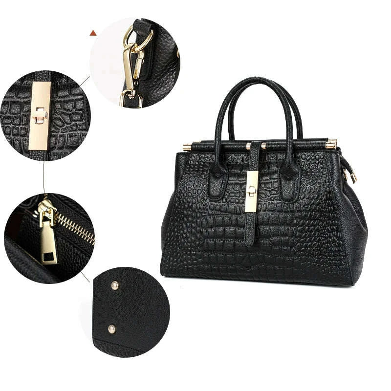 KIMLUD, Aidrani Genuine leather women's handbag, large capacity crocodile patterned cowhide bag, black, KIMLUD Womens Clothes