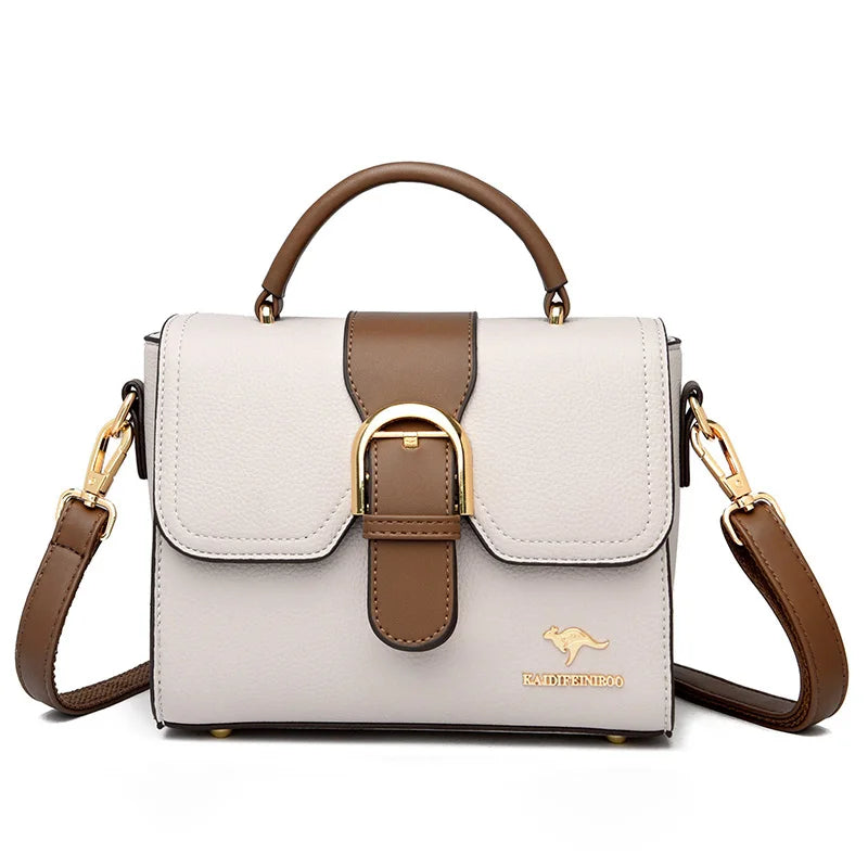 Genuine Cow Leather Shoulder Bag With Subtle Flap And Refined Hardware — Creamy Beige With Taupe Trim | KIMLUD