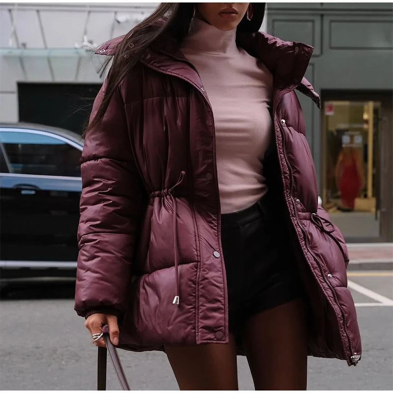 Women Solid Thicken Cotton Jackets Casual Stand Collar Zipper Long Sleeves Lace Up Detachable Hat Coat Winter Lady Warm Outwear