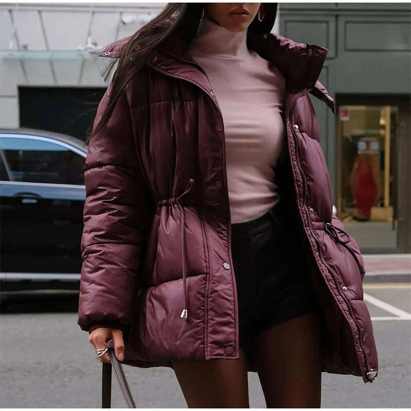 KIMLUD, Women Solid Thicken Cotton Jackets Casual Stand Collar Zipper Long Sleeves Lace Up Detachable Hat Coat Winter Lady Warm Outwear, KIMLUD Womens Clothes