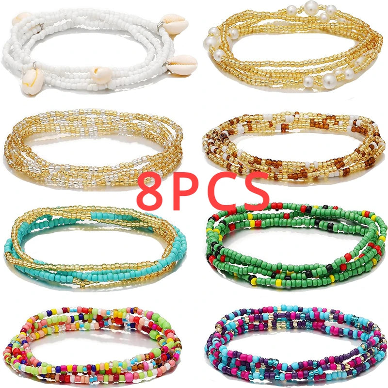 8PCS African Waist Beads for Women Teen Girls Elastic Layered Belly Bead Body Chain Waist Beads Pack Colorful Waist Jewelry