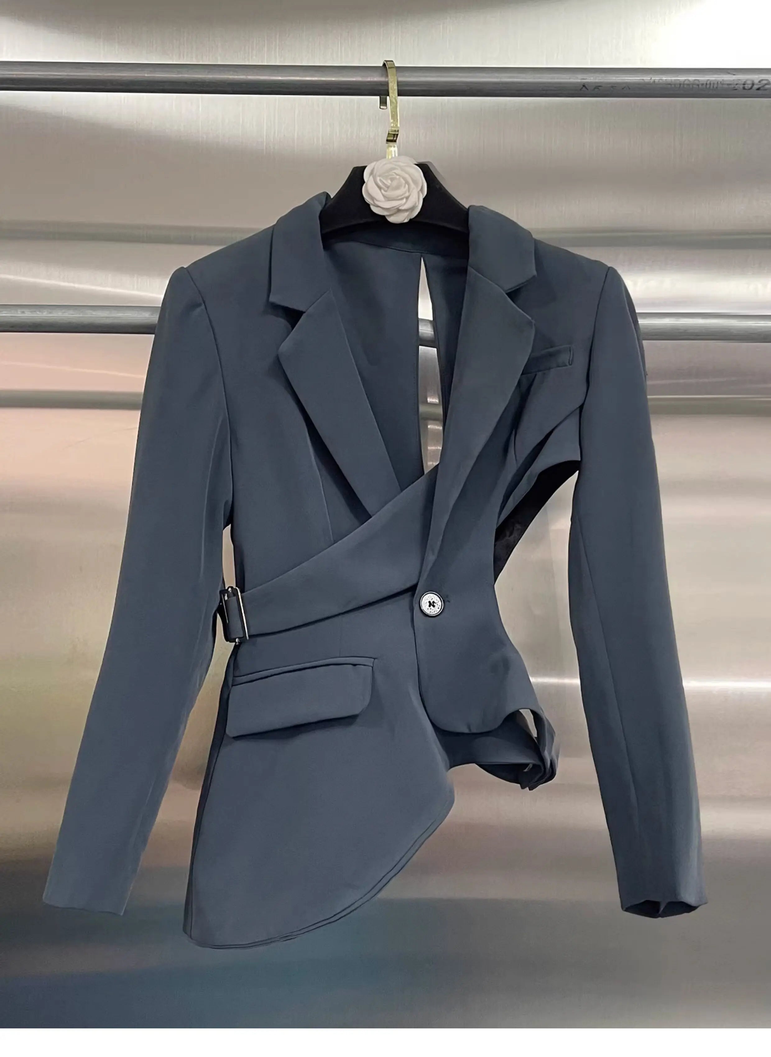 Polyester Cotton Solid Asymmetrical Blazer — Black | KIMLUD