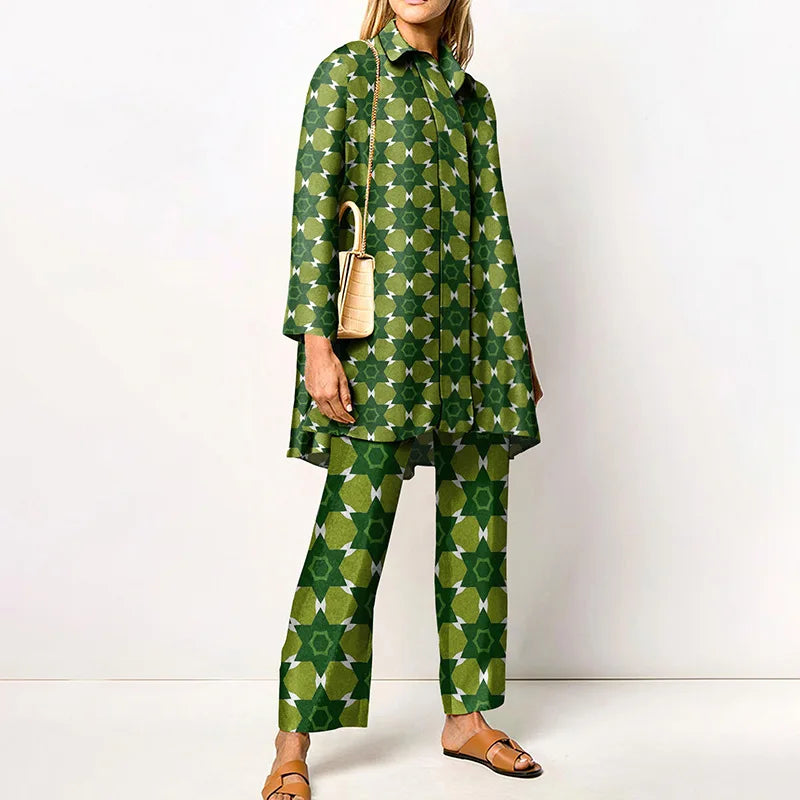 Two-Piece Set – Printed Autumn Vintage – Broadcloth – Wide-Leg Pants | KIMLUD