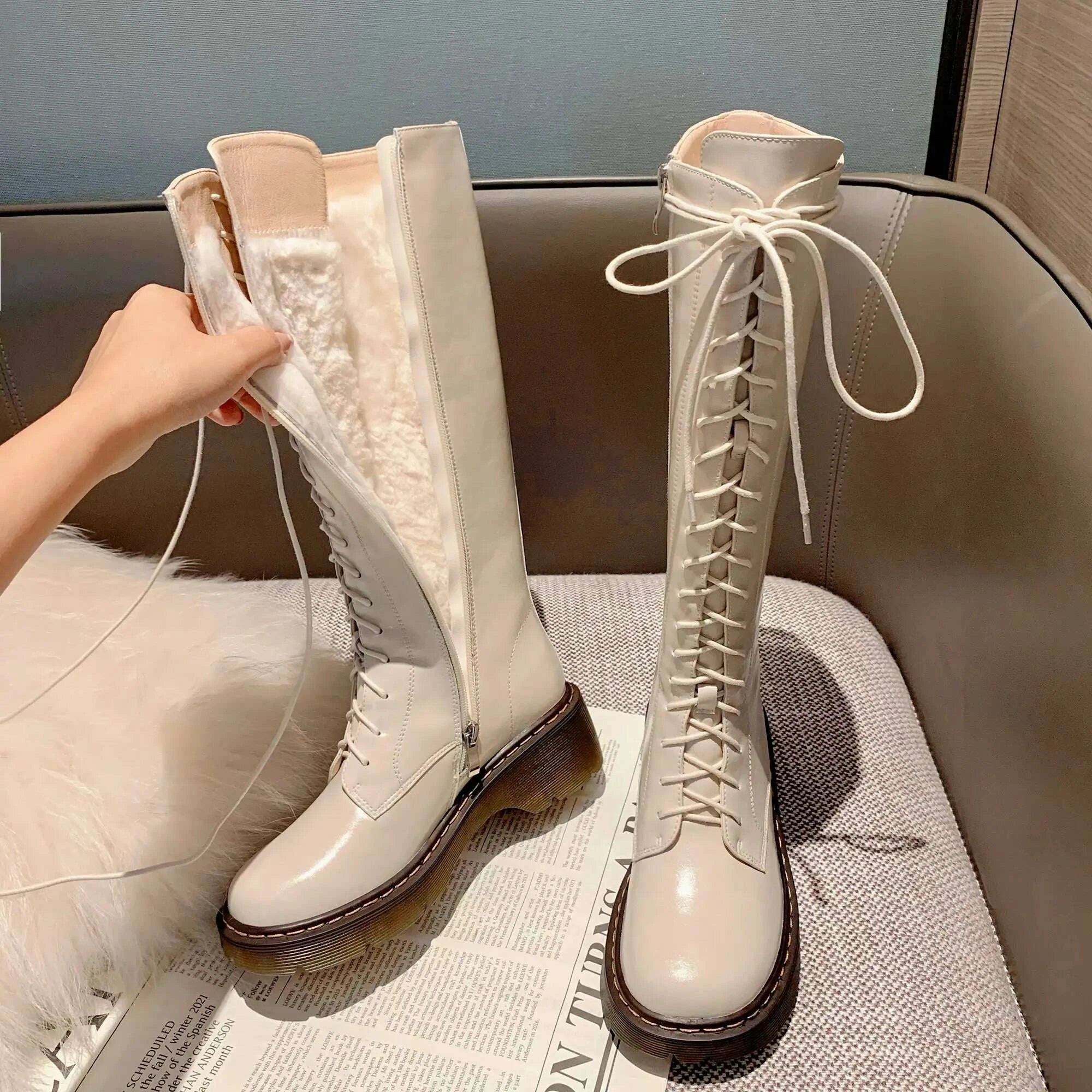 KIMLUD, Krazing Pot Vintage Cow Split Leather Wool Snow Boots Winter Keep Warm Round Toe Cross-tied Med Heels Platform Thigh High Boots, KIMLUD Womens Clothes