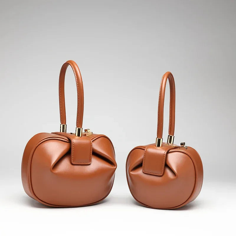 Genuine Cow Leather Round Dumpling Bag — Black | KIMLUD