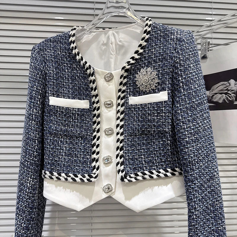 DEAT 2025 Autumn New Fashion Rhinestone Pin Contrast Color Tweed Short Jacket For Women Pocket Short Skirt Female 11A06364