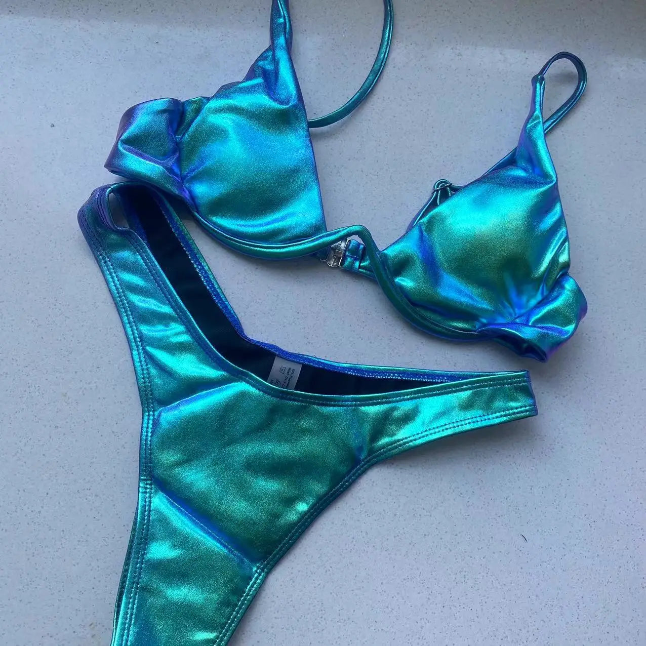 Holographic Triangle Bikini Push Up Thong Bandage Two-Piece Swimsuit — Blue | KIMLUD