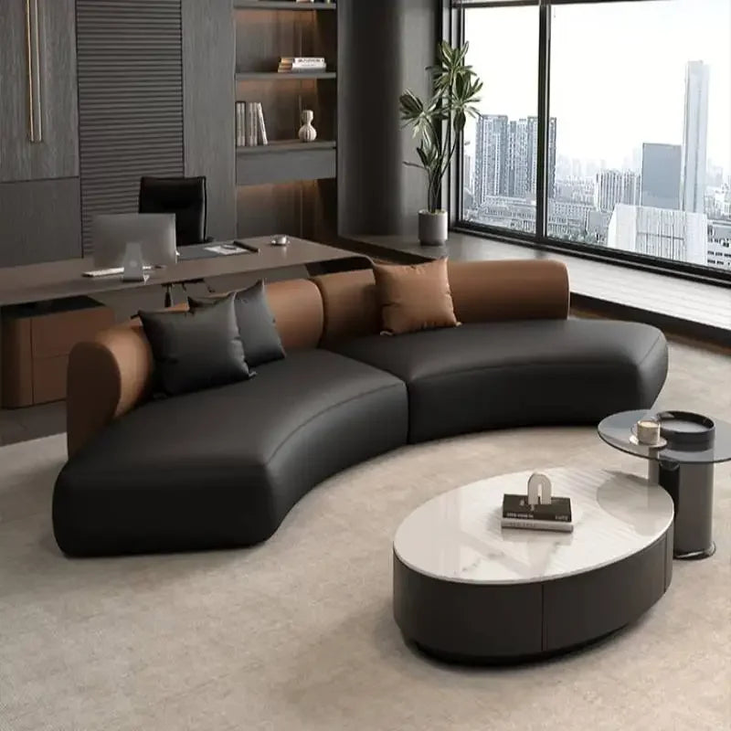 Leather Solid Curved Nordic Sofas — Black | KIMLUD