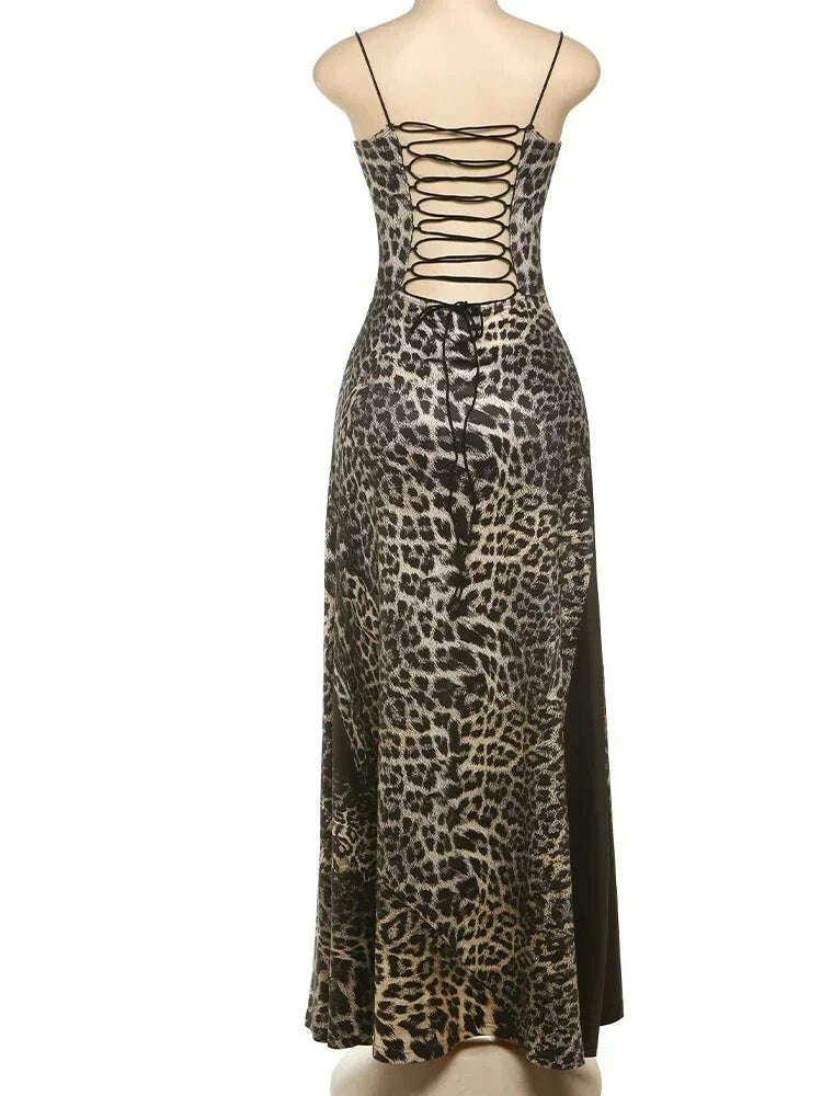 KIMLUD, Maxi Dress Women Leopard Panelled Draped Backless Lace Up Sheath Long Robe Female Classic Party Club Vestidos, KIMLUD Womens Clothes