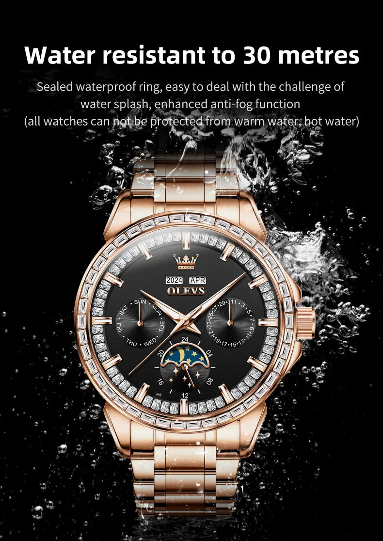 Rose-Gold Moon Phase Diamond Bezel Watch — Black | KIMLUD