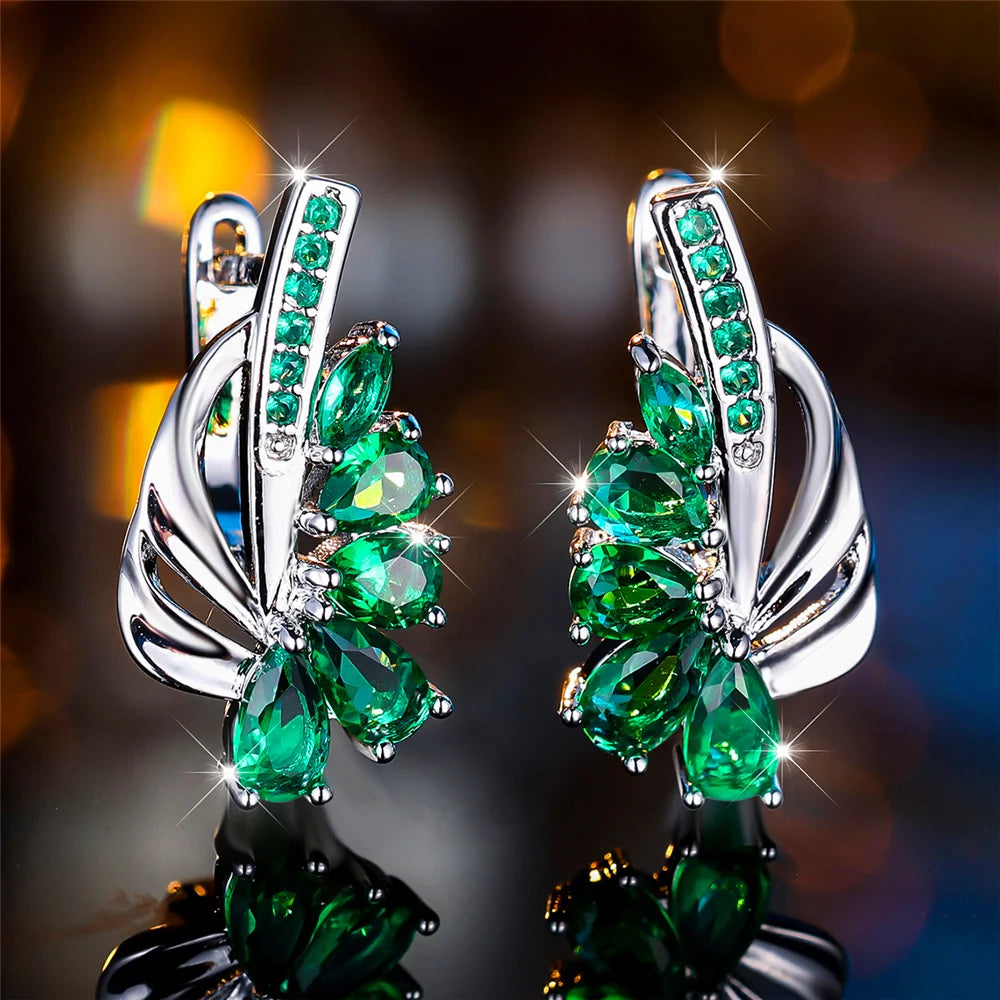 Gold Color Clip Earrings Water Drop Zircon — Blue Green | KIMLUD
