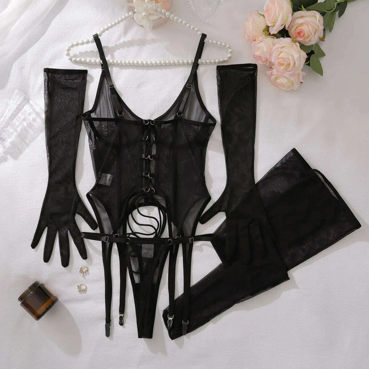 KIMLUD, Sexy Perspective Mesh Lace Up Shaping Lingerie Split Set Women's Ultra-thin Black Bra & Brief Sets With Gloves, KIMLUD Womens Clothes