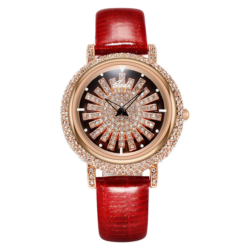 Genuine Leather Diamond Set Watch — Black | KIMLUD