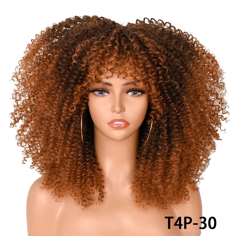 Afro Kinky Curly Hair Wigs With Bangs — Natural Brown Mixed | KIMLUD