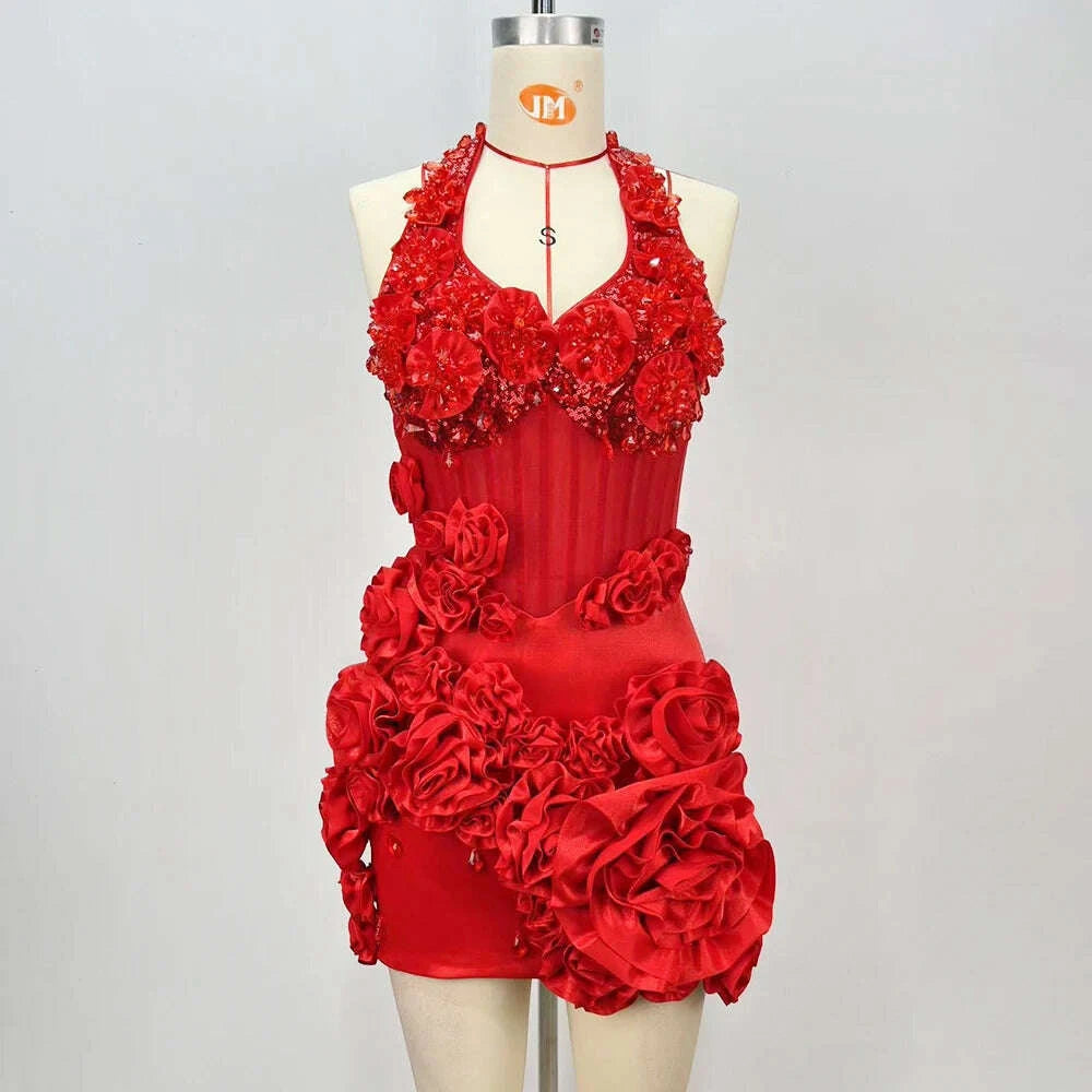 KIMLUD, VC Party Sexy Galas Gown Red 3D Floral Halter Sequins Backless Mini Dress, KIMLUD Womens Clothes