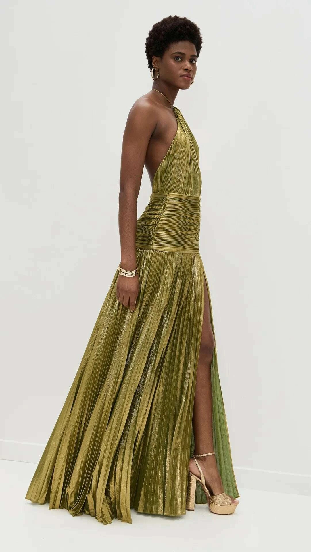 KIMLUD, Gold Halter Neck Evening Dress Woman Chic Solid Color Pleated Backless Package Hip Slit Dress Fashion Trendy Lady Party Vestidos, KIMLUD Womens Clothes