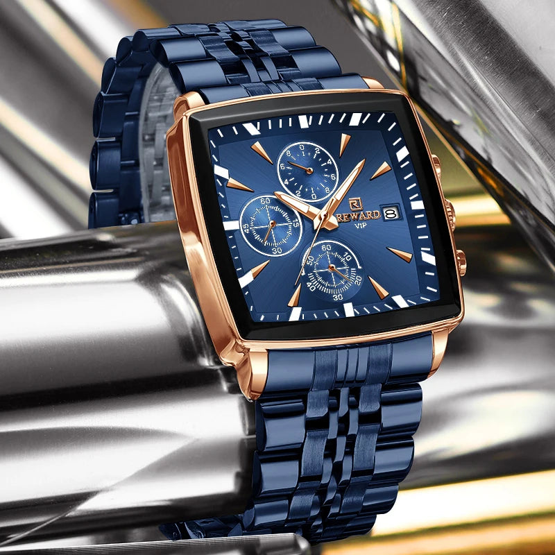 REWARD Fashion Square Dial Watch for Men Stainless Steel Waterproof Quartz Chronograph Mens Watches Luxury Sport Male Clock