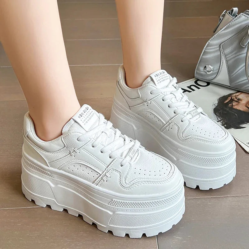 Platform Sneakers 8cm Lace-Up Cushioned Insole For All-Day Comfort — White | KIMLUD