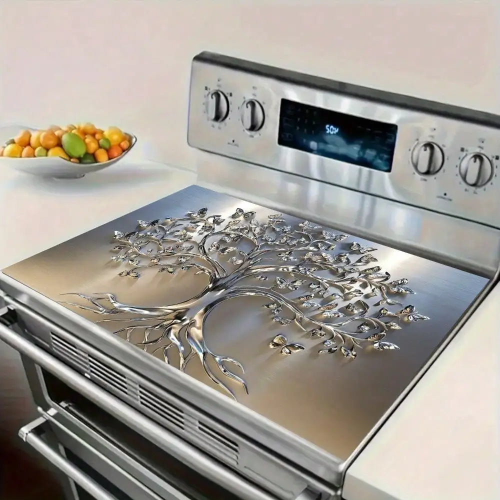 Rubber Stove Cover Mat Tree Design With Intricate Branches — Black | KIMLUD