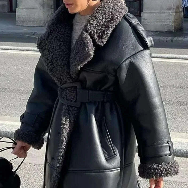 KIMLUD, Faux Fur Leather Long Jacket Women Lapel Long Sleeve Belt Thicken Female Coats Winter Fashion Street Patchwork Lady Outwear, KIMLUD Womens Clothes