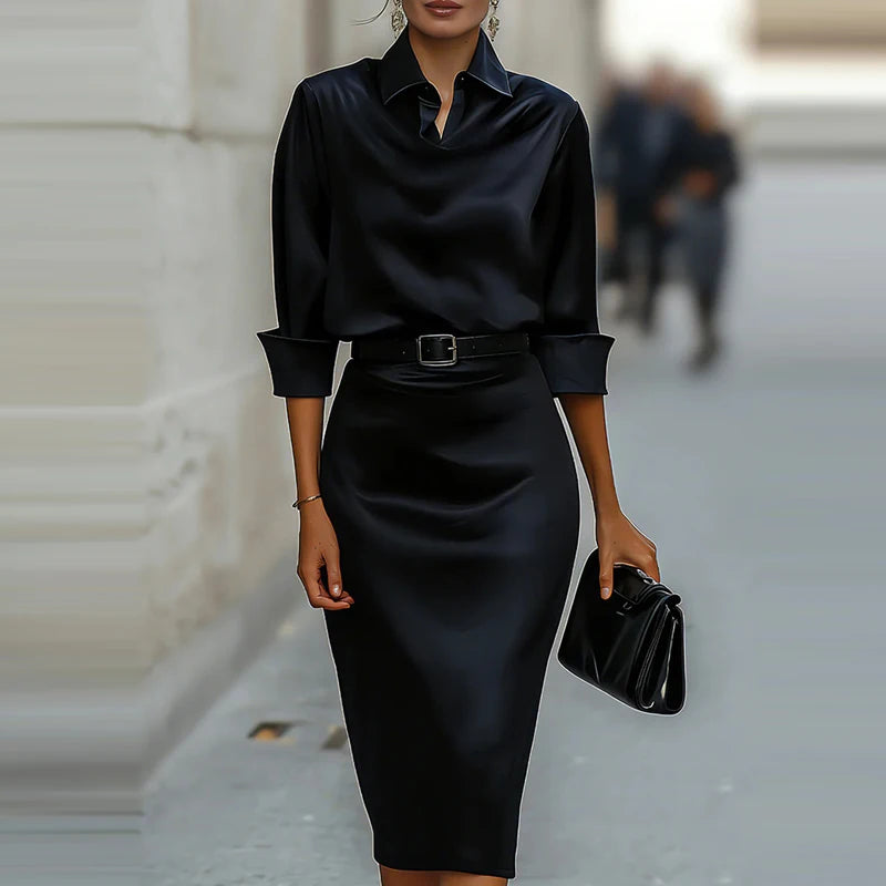 Long Sleeve Dress – Cinched Waist – Polyester | KIMLUD