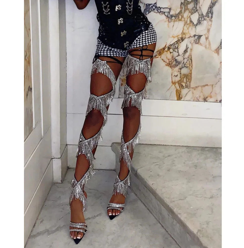 Rhinestone Chain Over-the-Knee Boots Tassel — Silver | KIMLUD
