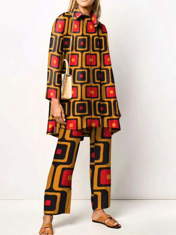 Two-Piece Set – Printed Autumn Vintage – Broadcloth – Wide-Leg Pants | KIMLUD