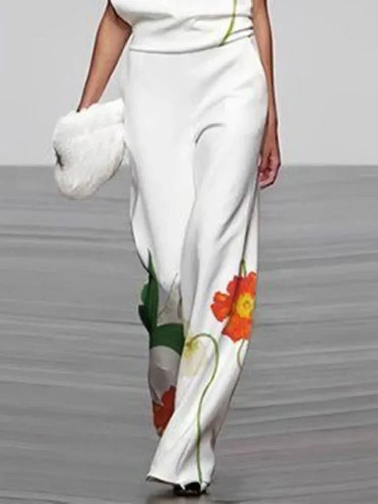 Modigirl Vintage Floral Printed Suits For Women Sleeveless High Neck Vest Tops & High Waisted Loose Straight Female Leg Pants