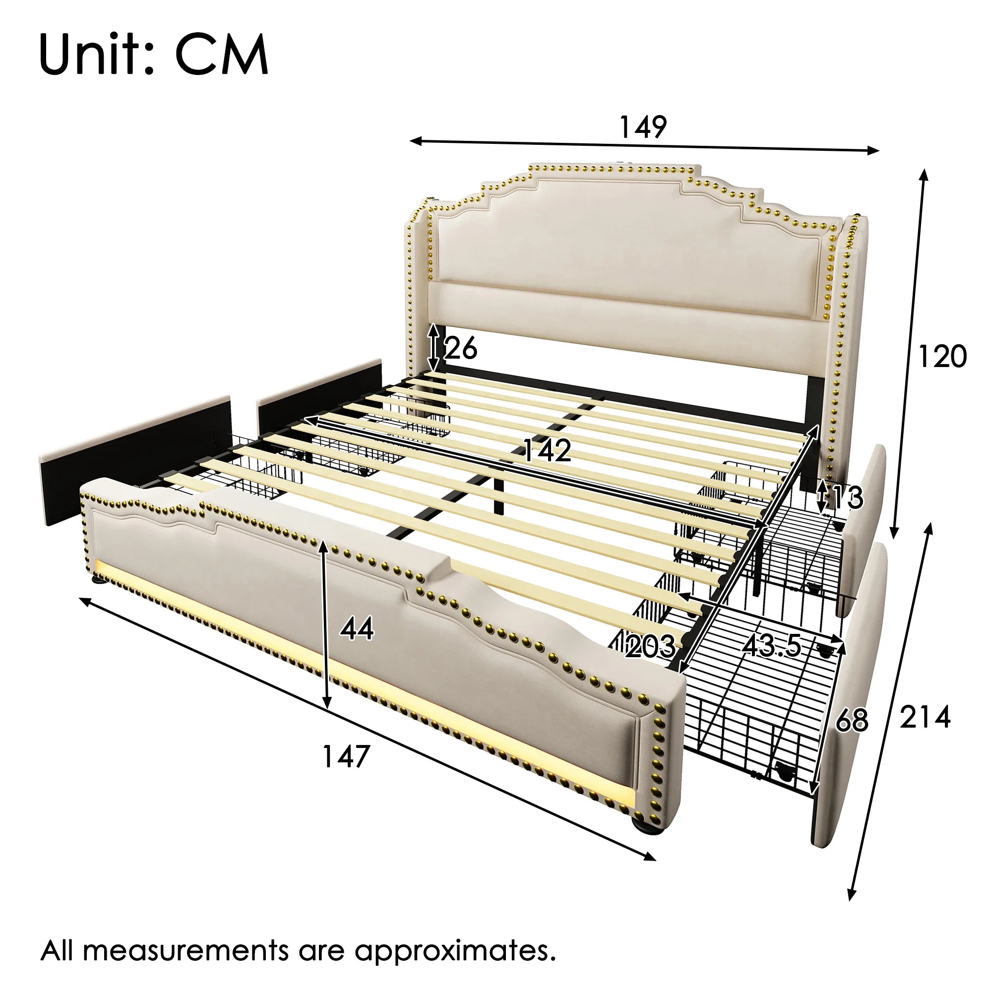 Velvet Upholstered Bed With 4 Drawers And Slatted Frame 140x200 — Beige | KIMLUD