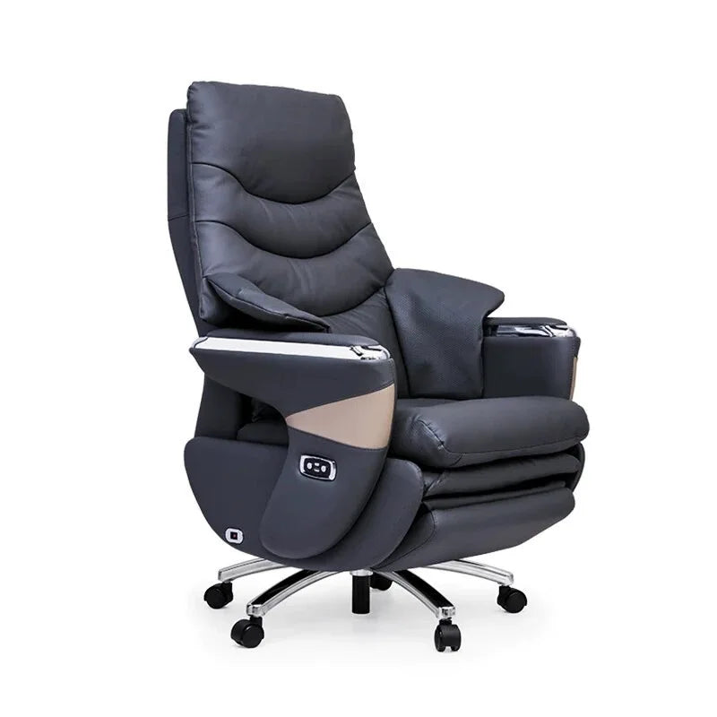 Black recliner chair with massage and heating functions on a white background