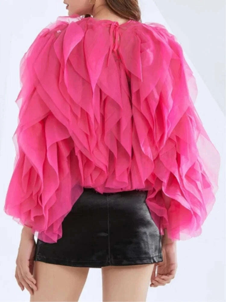 KIMLUD, Vintage Ruffle Shirt For Women O Neck Lantern Sleeve Long Sleeve Solid Elegant Blouse Female Fashion New Style Top For Women, KIMLUD Womens Clothes