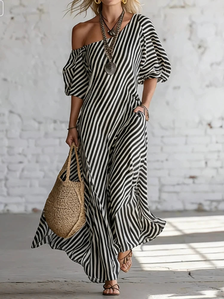 Single-Shoulder Bubble-Sleeve Dress Striped Print Loose-Fit — Black And White | KIMLUD