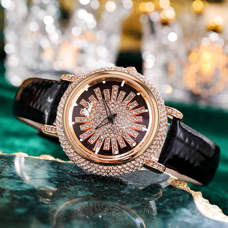 Genuine Leather Diamond Set Watch — Black | KIMLUD