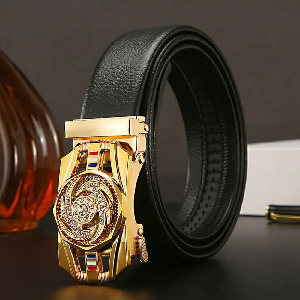 Leather Belt Rhinestone Buckle Automatic — Black | KIMLUD