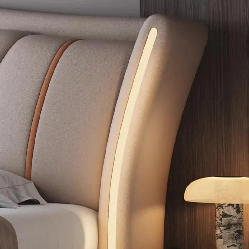 Leather Bed Frame With Lit Headboard — Ivory-Beige | KIMLUD