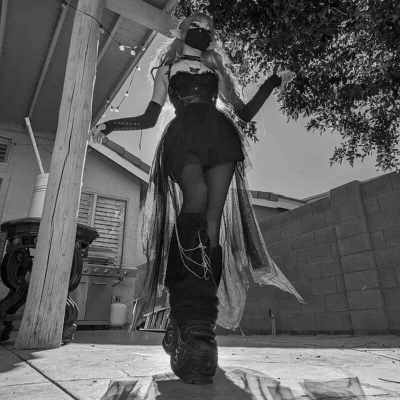 KIMLUD, Casual Skirts Punk Sexy Net Yarn High-Waisted Irregular Skirt for Women Summer New European and American Gothic Style Versatile, KIMLUD Womens Clothes