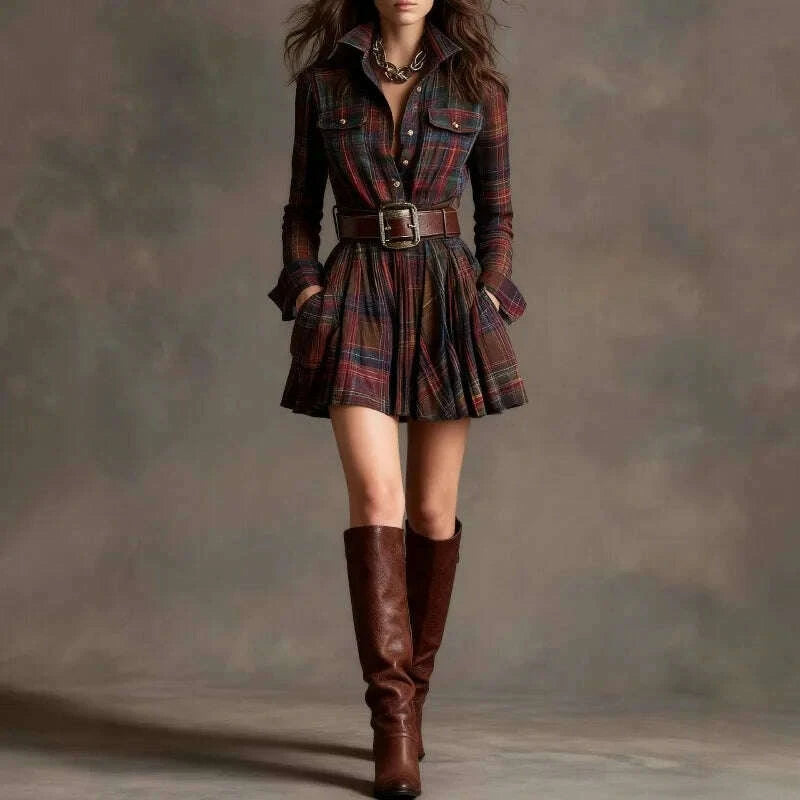 2025 European and American autumn new temperament plaid long-sleeved s