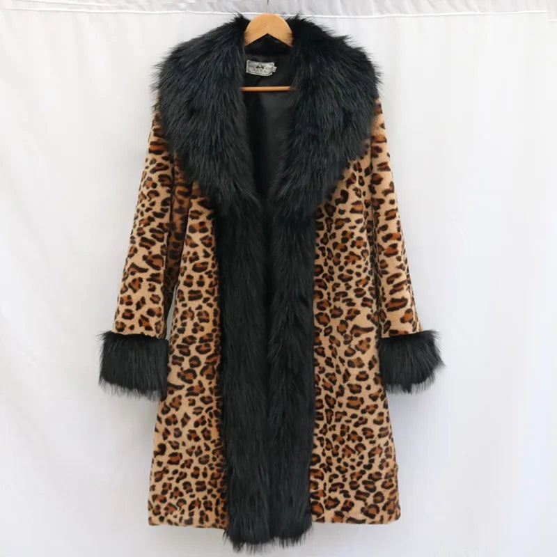 Women's Clothing Leopard Print Coat Long Coat Mink Fur Overcoat Fox Fur Fur Collar Winter Warm Windbreaker Loose Fit Plus Size