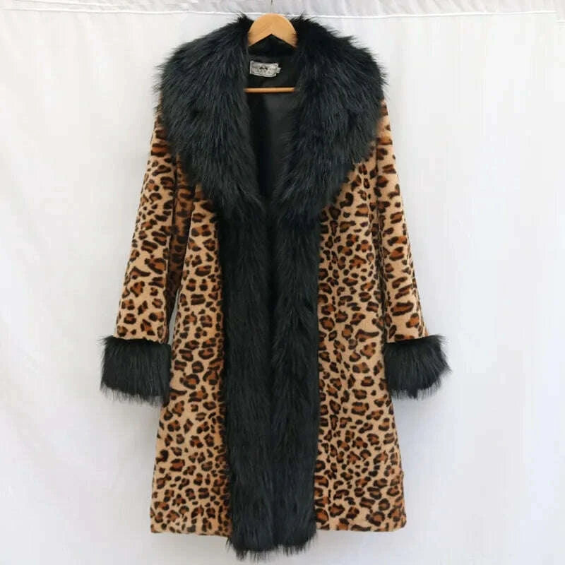 KIMLUD, Women's Clothing Leopard Print Coat Long Coat Mink Fur Overcoat Fox Fur Fur Collar Winter Warm Windbreaker Loose Fit Plus Size, KIMLUD Womens Clothes