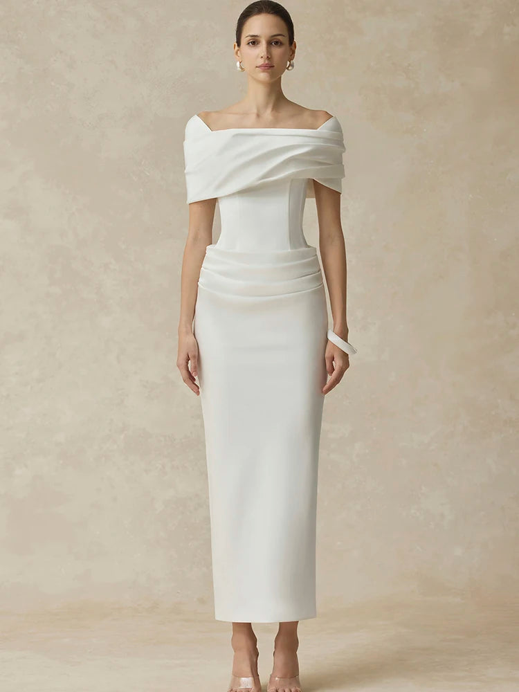 Polyester Slash-Neck Pleated Back Ankle-Length Evening Dress — Black | KIMLUD