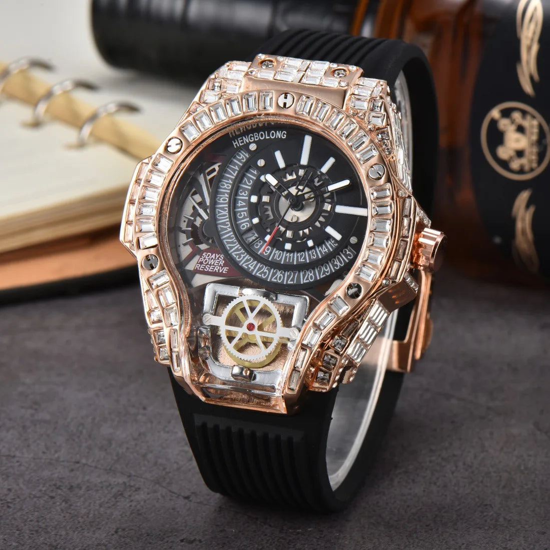 Luxury Diamond Case Mens Quartz Watches — Black | KIMLUD