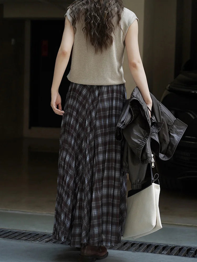 Skirt - High Elastic Waist - A-Line - Blue Coffee Plaid | KIMLUD